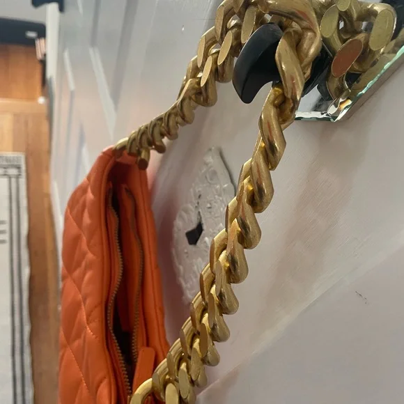 Mango Orange Quilted Baguette Purse with Gold Chain - Picture 15 of 16